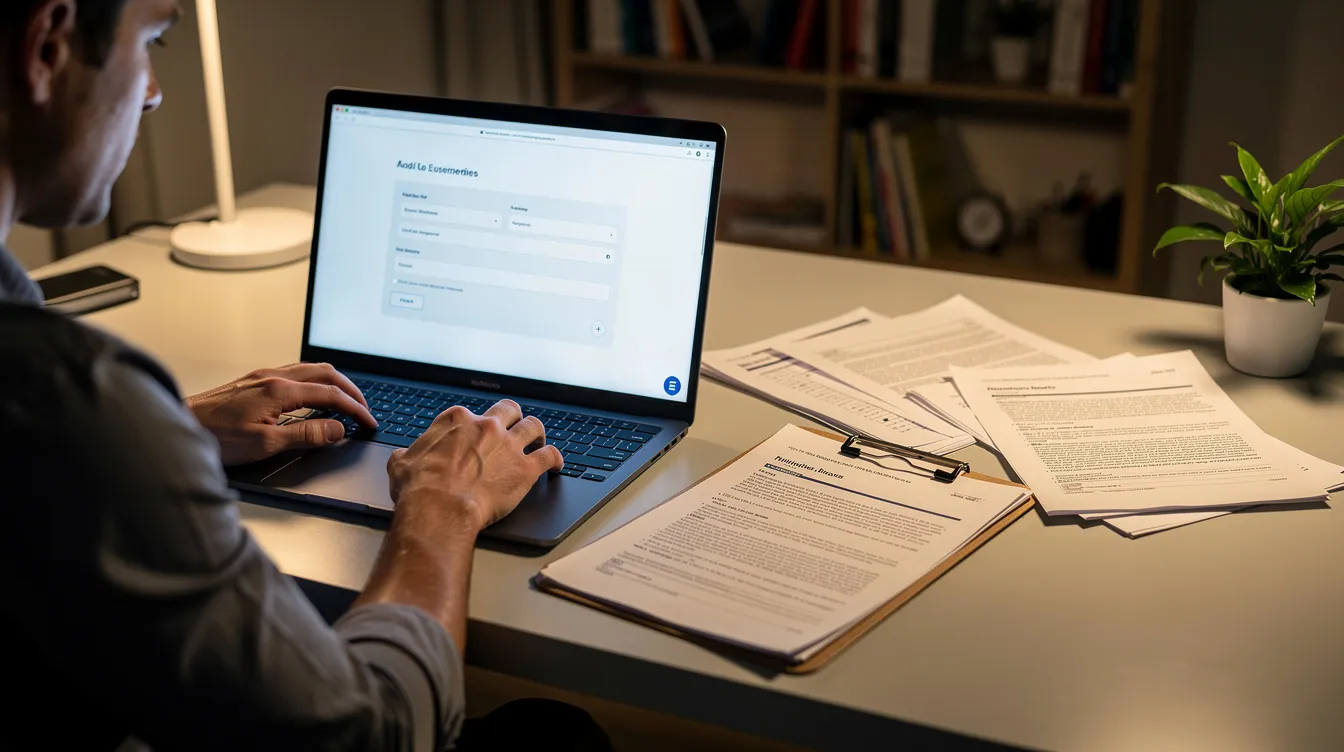 The image shows a person sitting at a desk, focused on a laptop computer while filling out online forms related to the Canada work permit application process. Documents such as a job offer letter and other required paperwork are spread out beside them, highlighting the importance of proper documentation for foreign workers applying to work in Canada.