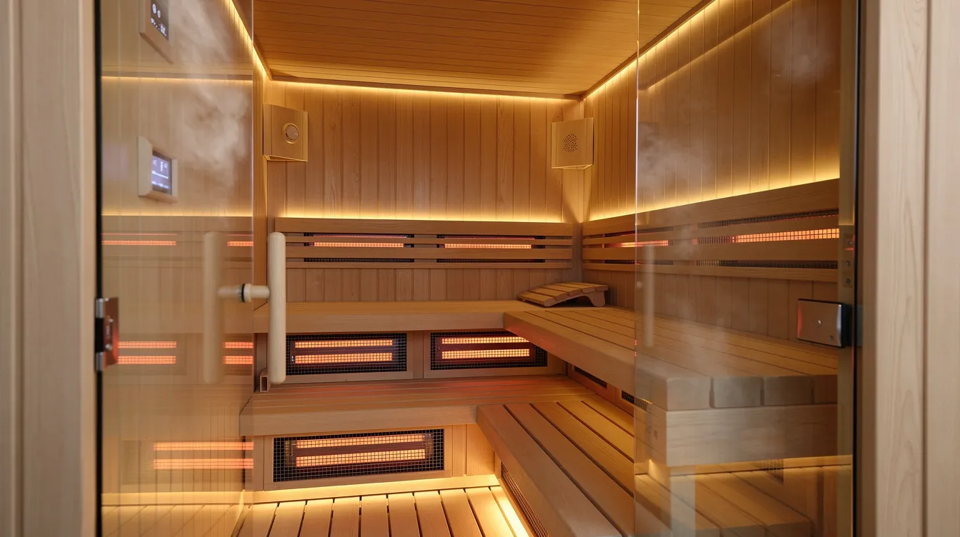 The image depicts the interior of a modern wooden infrared sauna cabin, bathed in warm lighting that creates a cozy atmosphere. This full spectrum infrared sauna features sleek wooden panels and is designed to provide various health benefits, such as improved circulation and stress relief through infrared heat therapy.