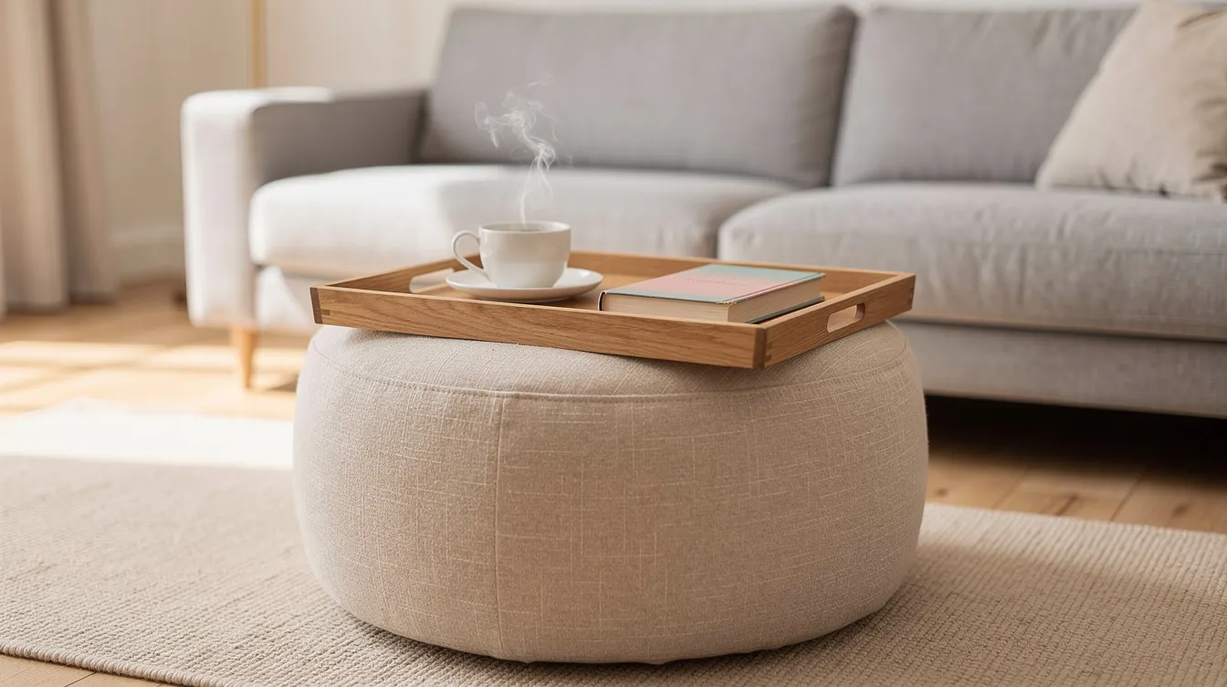 En sittpuff med förvaring står i vardagsrummet och fungerar som ett tillfälligt soffbord, med en bricka ovanpå som bär en kaffekopp och en bok. Sittpuffen erbjuder en extra sittplats och passar bra in i olika stilar och färger.