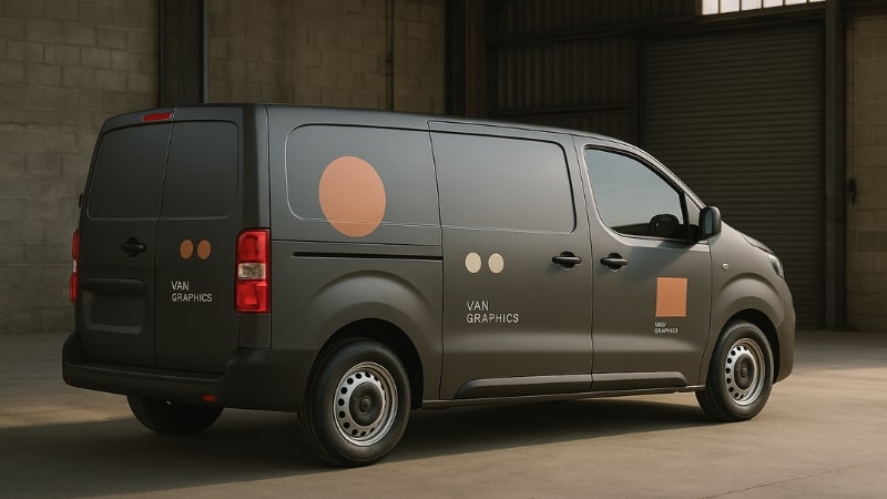 A van is wrapped with spots and texts sampling for advertisment