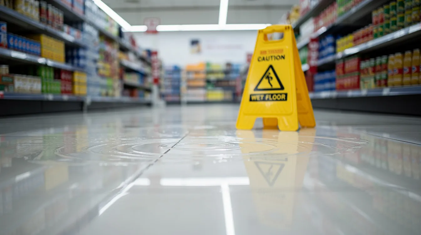 The image shows a wet commercial floor inside a grocery store, with bright reflective lighting highlighting the slick surface. Such hazardous conditions can lead to slip and fall accidents, potentially resulting in premises liability claims against the property owner for any injuries sustained.