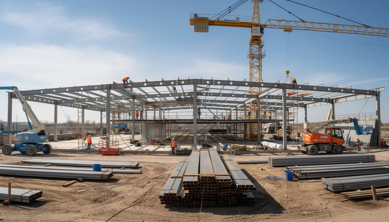 The image depicts a bustling construction site in Bossier City, LA, where a metal building frame is being assembled, showcasing the use of quality metal components. Workers are actively engaged in the project, highlighting the extensive product offering of metal roofing and siding from an industry-leading manufacturer.