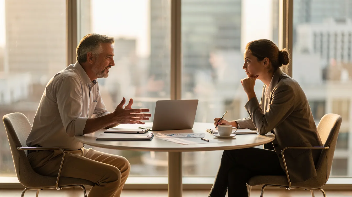 L'image montre un manager et un collaborateur en conversation dans un bureau vitré, créant une ambiance de coaching propice à la gestion d'équipe. Ils échangent des conseils sur le bien-être et la performance au travail, soulignant l'importance du leadership et des compétences au sein de l'entreprise.