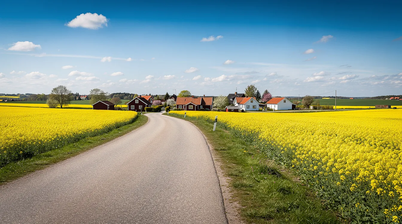 En vacker skånsk landsväg omgiven av gyllene rapsfält sträcker sig mot en liten by under en klar, blå himmel. Den färgglada naturen skapar en idyllisk atmosfär som kan inspirera till inredning och möbelval i hemmet.