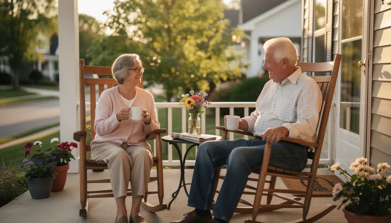 A retired couple sits comfortably on their home's front porch, sipping coffee and enjoying each other's company, surrounded by the beauty of their well-maintained garden. This serene moment reflects the peace that comes from accessing home equity for their financial goals, allowing them to enjoy their retirement without financial stress.