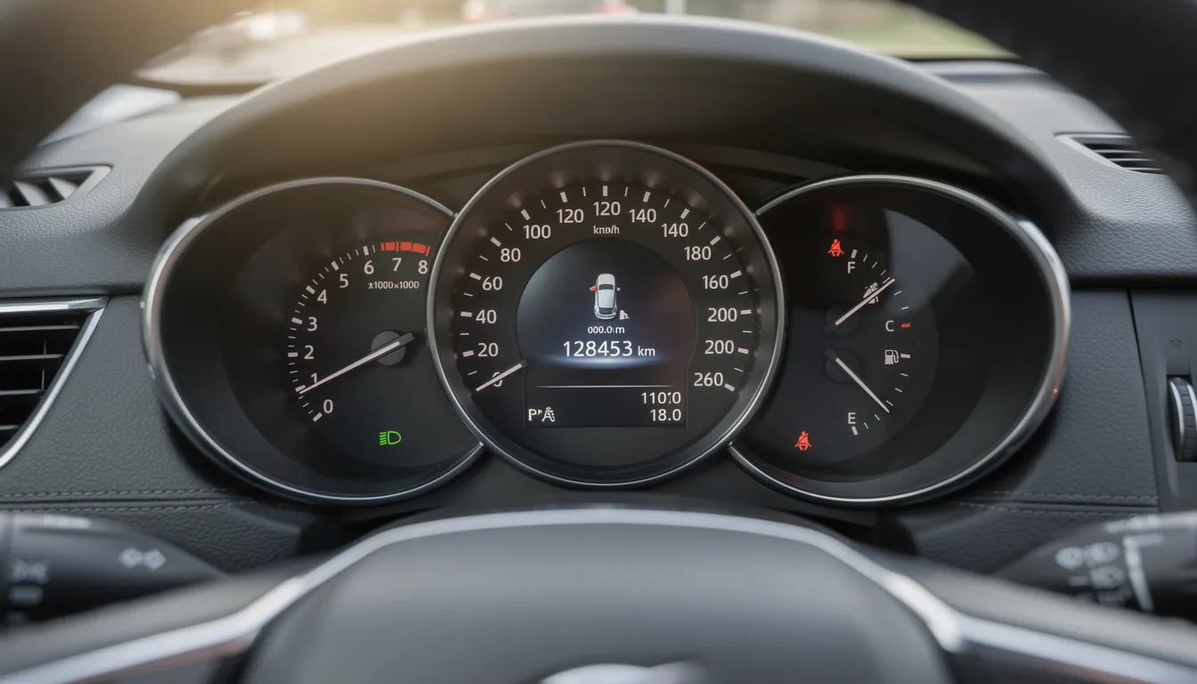 Le tableau de bord d'une voiture est visible avec un compteur kilométrique affichant le kilométrage parcouru. Cette image illustre les éléments essentiels qu'un jeune conducteur pourrait consulter lors de la location d'un véhicule chez Europcar, notamment pour vérifier les conditions de kilométrage illimité.