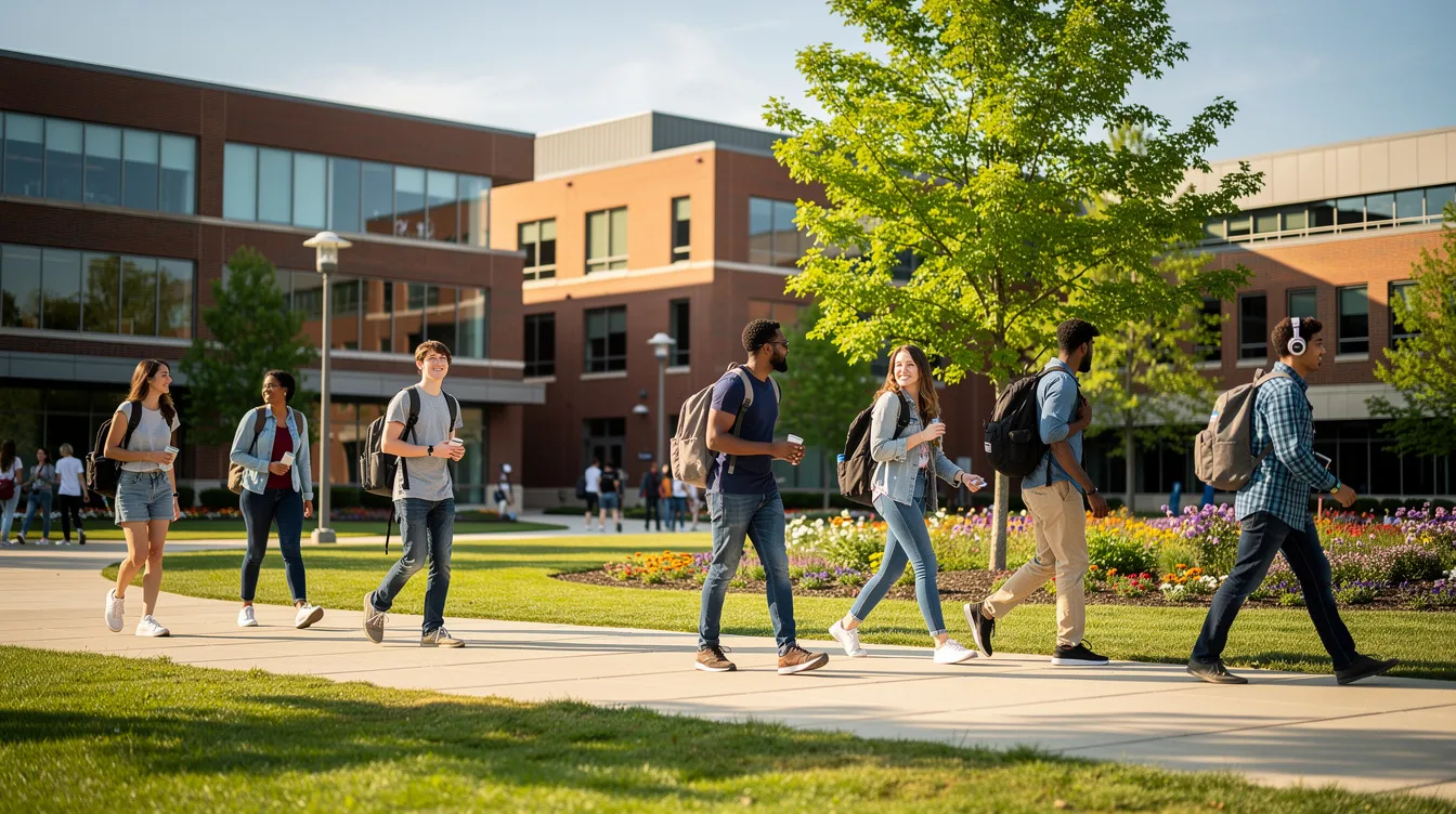 A group of students carrying backpacks walks across a college campus, symbolizing the pursuit of higher education and the diverse paths offered by various degree programs, including associate degrees in arts and sciences. Their journey reflects a commitment to lifelong learning and the skills needed for future career opportunities.