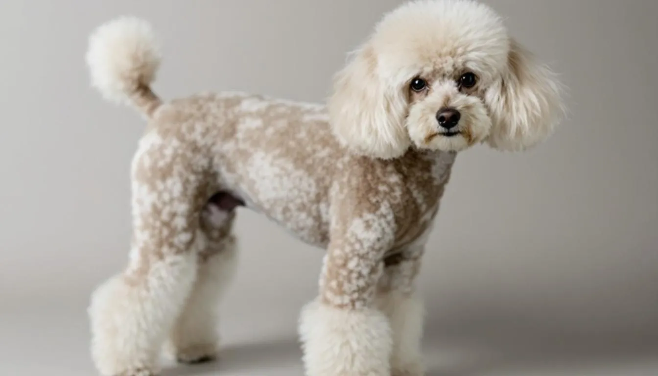 A miniature poodle with a freshly groomed continental clip showcases its soft, curly coat texture, highlighting the breed