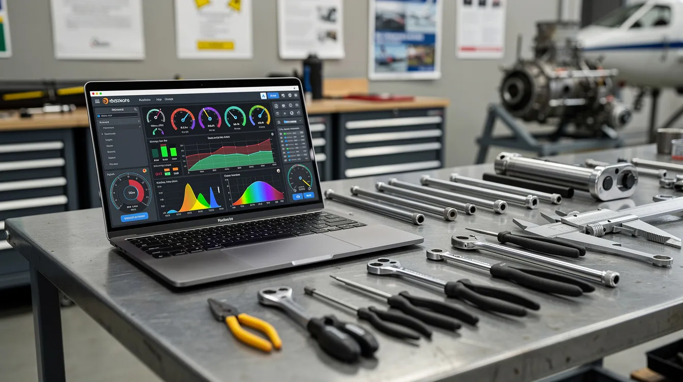 The image depicts a digital dashboard on a laptop, positioned next to various aircraft maintenance tools in a training workspace, highlighting the practical aspects of aviation maintenance education in compliance with Part 147 certification standards. This setup emphasizes the integration of technology and hands-on training necessary for effective quality control and regulatory adherence in aviation programs.