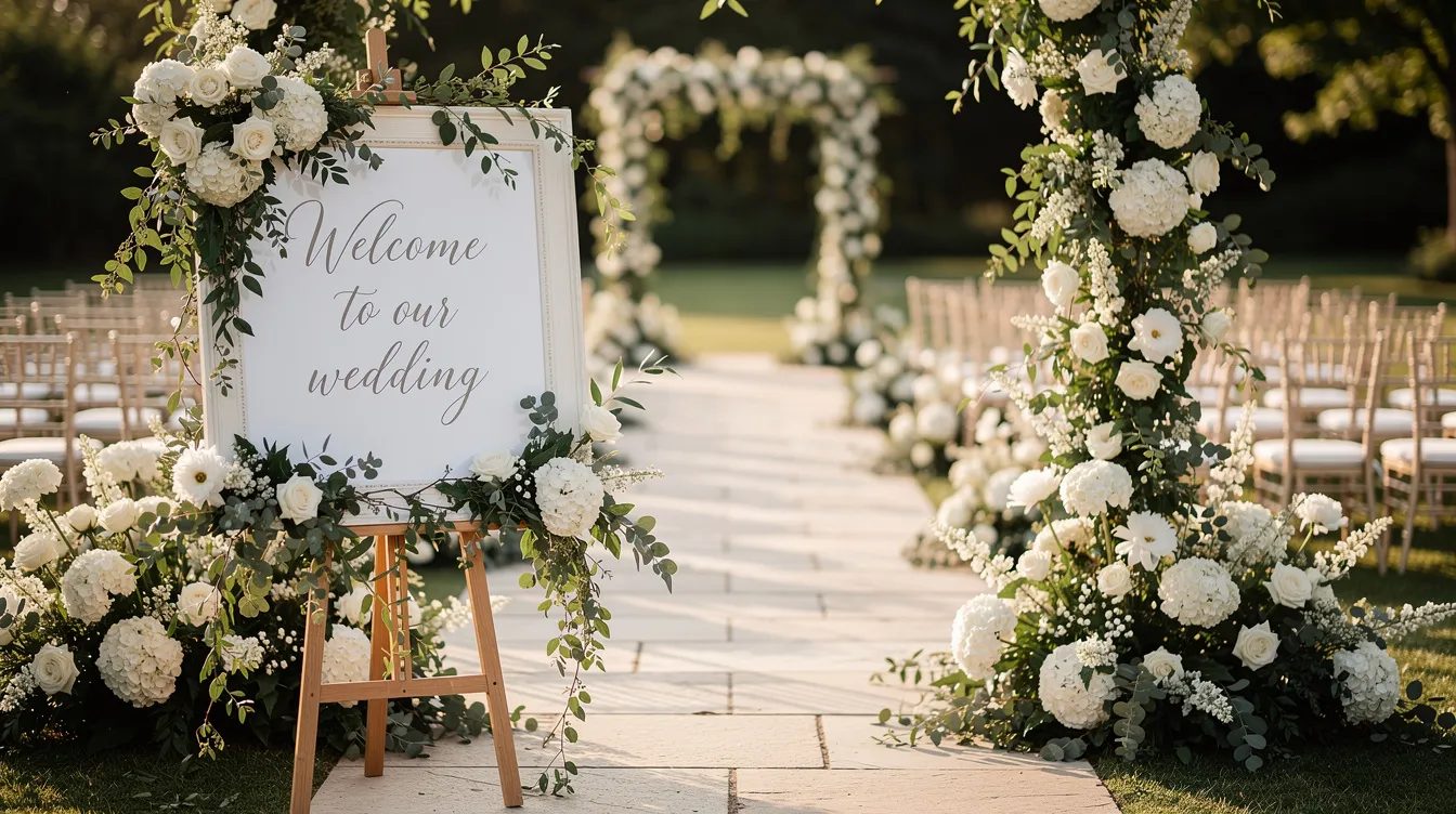 An elegant wedding ceremony entrance features a beautifully designed welcome sign surrounded by lush white flowers and greenery, creating a warm and inviting atmosphere for guests. This charming display sets the tone for the celebration, highlighting personal touches that make the event special.