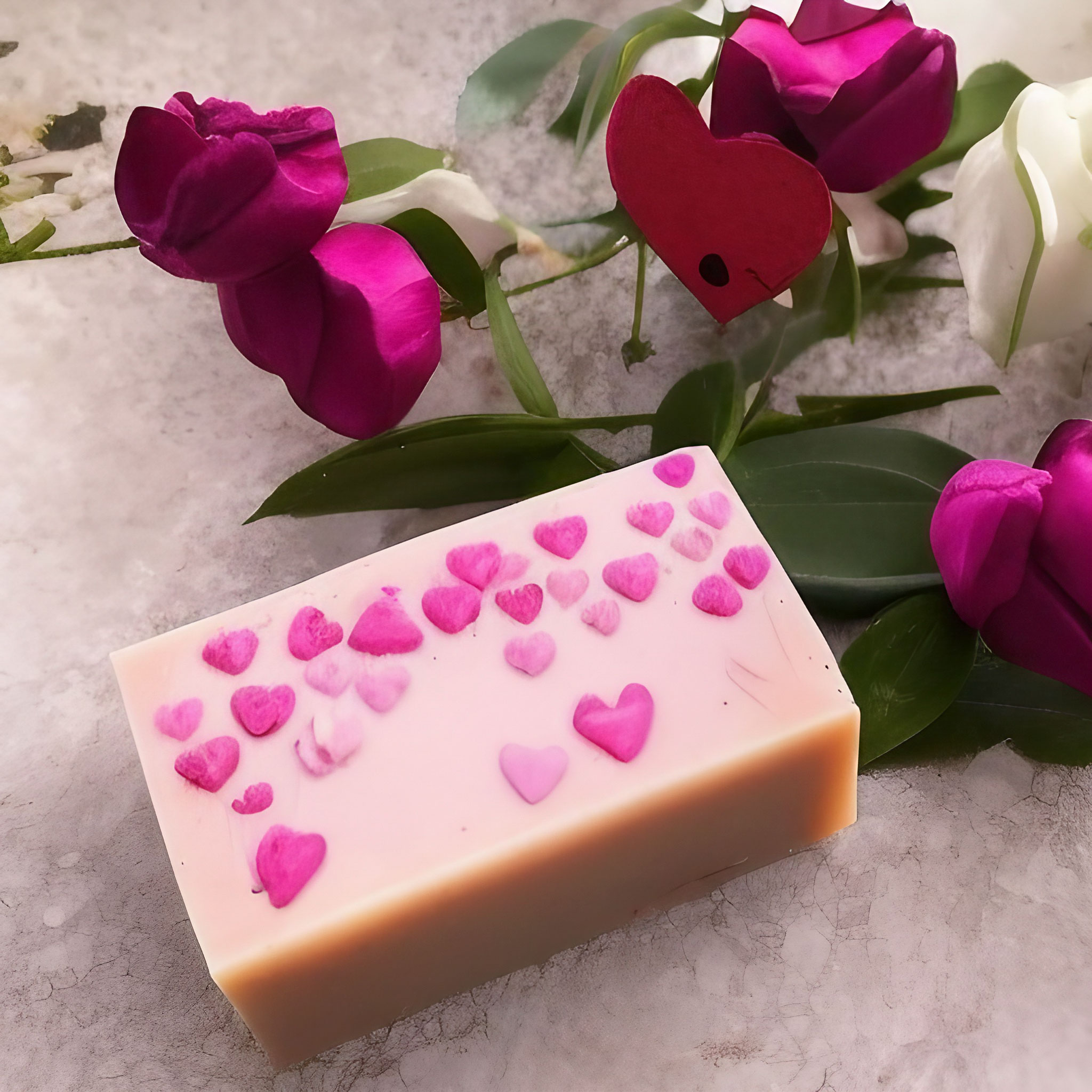 valentine soap with roses on pink marble table