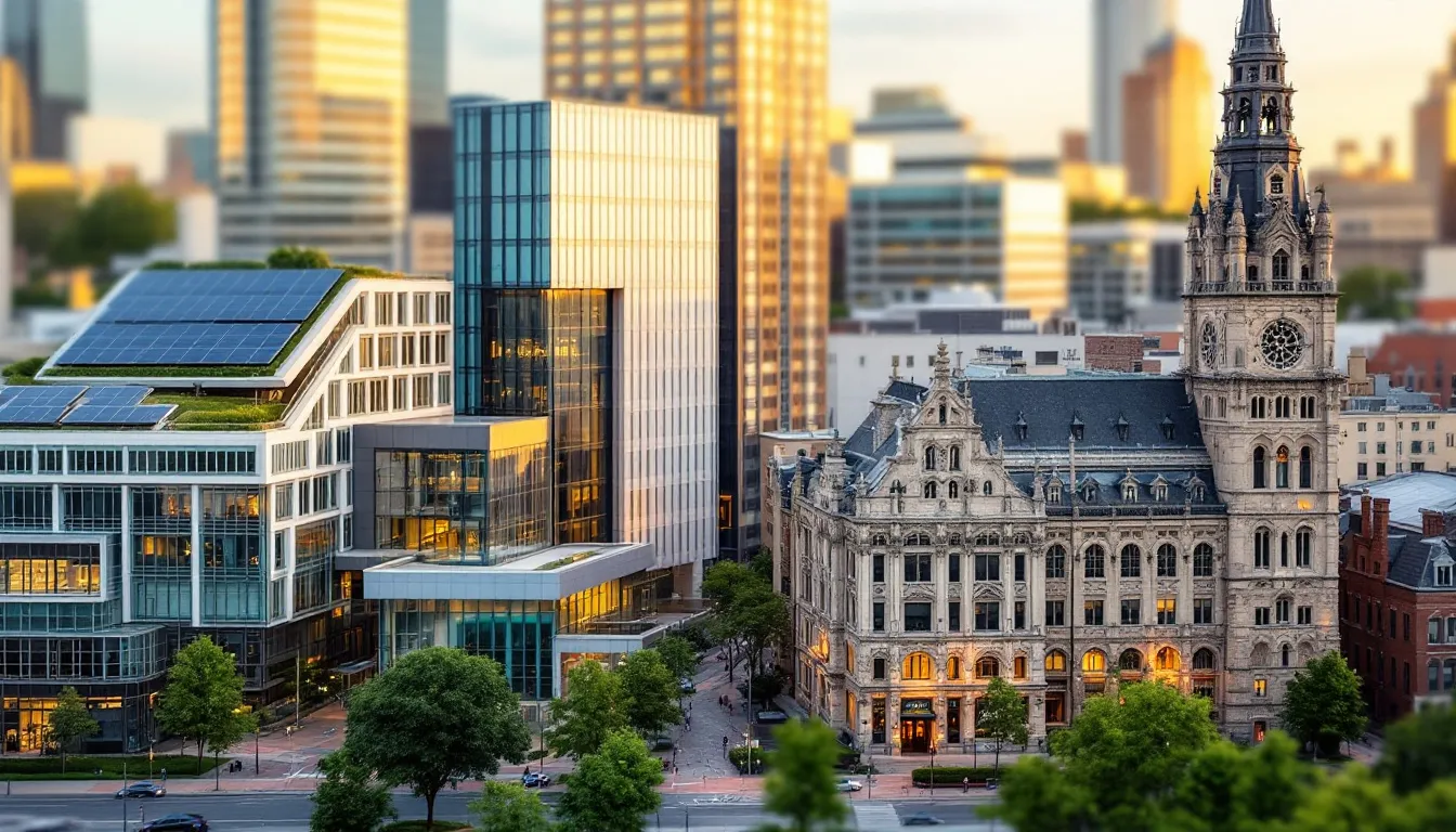 The image showcases a variety of architectural specializations, including sustainable buildings, healthcare facilities, and historic preservation projects, highlighting the diverse skill sets and expertise required in the architecture field. This representation emphasizes the importance of specialized skills and knowledge in achieving career development and success in various industries.