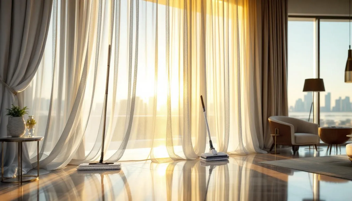 Comparison of curtain shampooing and other cleaning methods, visually demonstrating effectiveness.