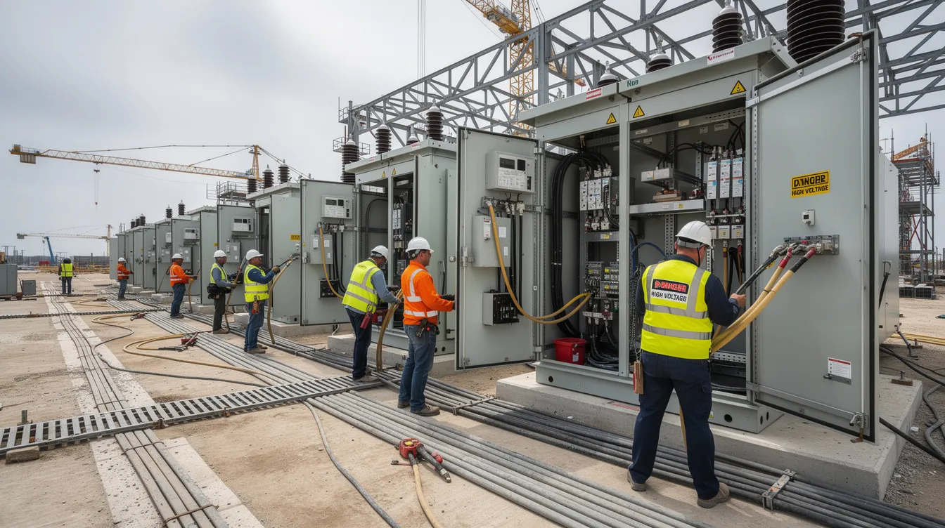 A group of electrical workers, wearing hard hats and safety vests, are seen installing high-voltage switchgear at a large industrial construction site, which is part of the ongoing data center expansion projects in Central Texas. This site reflects the tremendous growth and industrial demand for digital infrastructure in the region, particularly in areas like San Antonio and Austin.