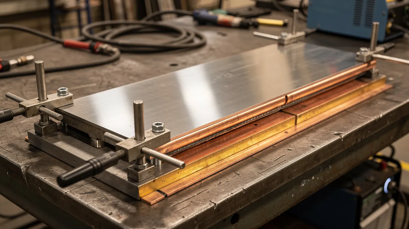 A thin steel panel is securely clamped to a welding fixture on a workbench, with copper backing bars visible, ready for sheet metal work. This setup is ideal for techniques such as MIG welding or TIG welding, ensuring precision for auto body repairs or fabricating patch panels.