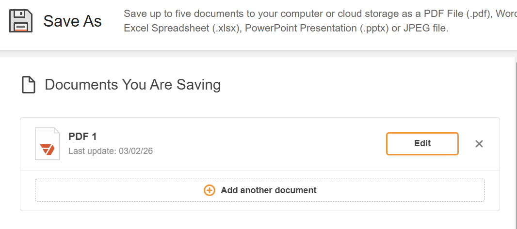 pdfFiller Save As screen showing selected document with option to add another document for batch export.