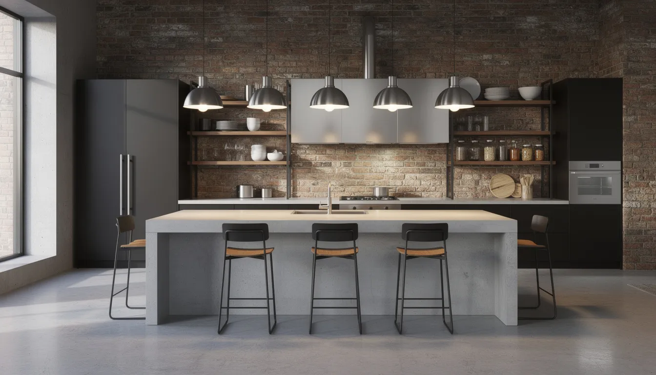 The image depicts an industrial kitchen featuring metal dome pendant lights that provide task lighting over a concrete island, complemented by exposed brick walls. The design incorporates multiple light sources, creating a warm ambiance and visual interest, while the sleek materials enhance the overall aesthetic of the space.
