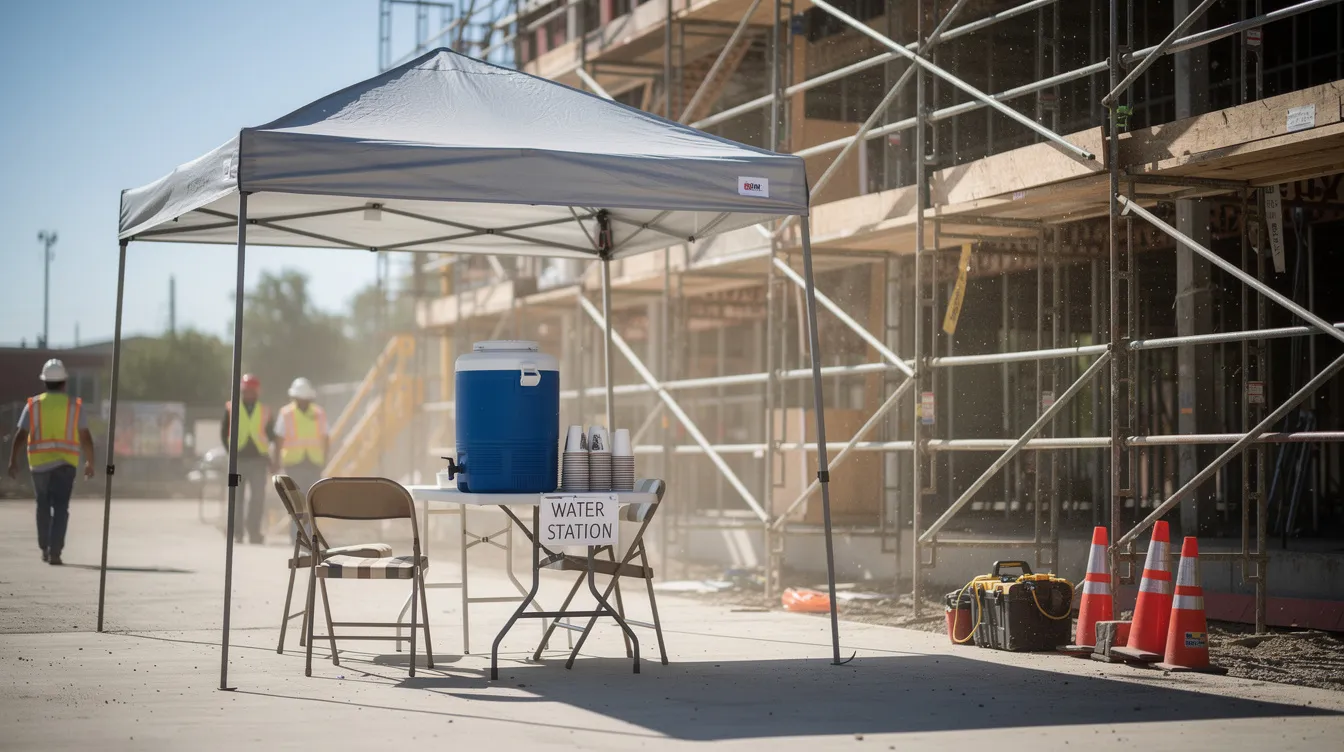 A portable shade canopy and water cooler station are set up next to construction scaffolding on a sunny day, providing essential support for workers at the construction site while promoting occupational safety and health administration. This setup emphasizes the importance of hydration and protection from sun exposure for employees engaged in construction operations management.