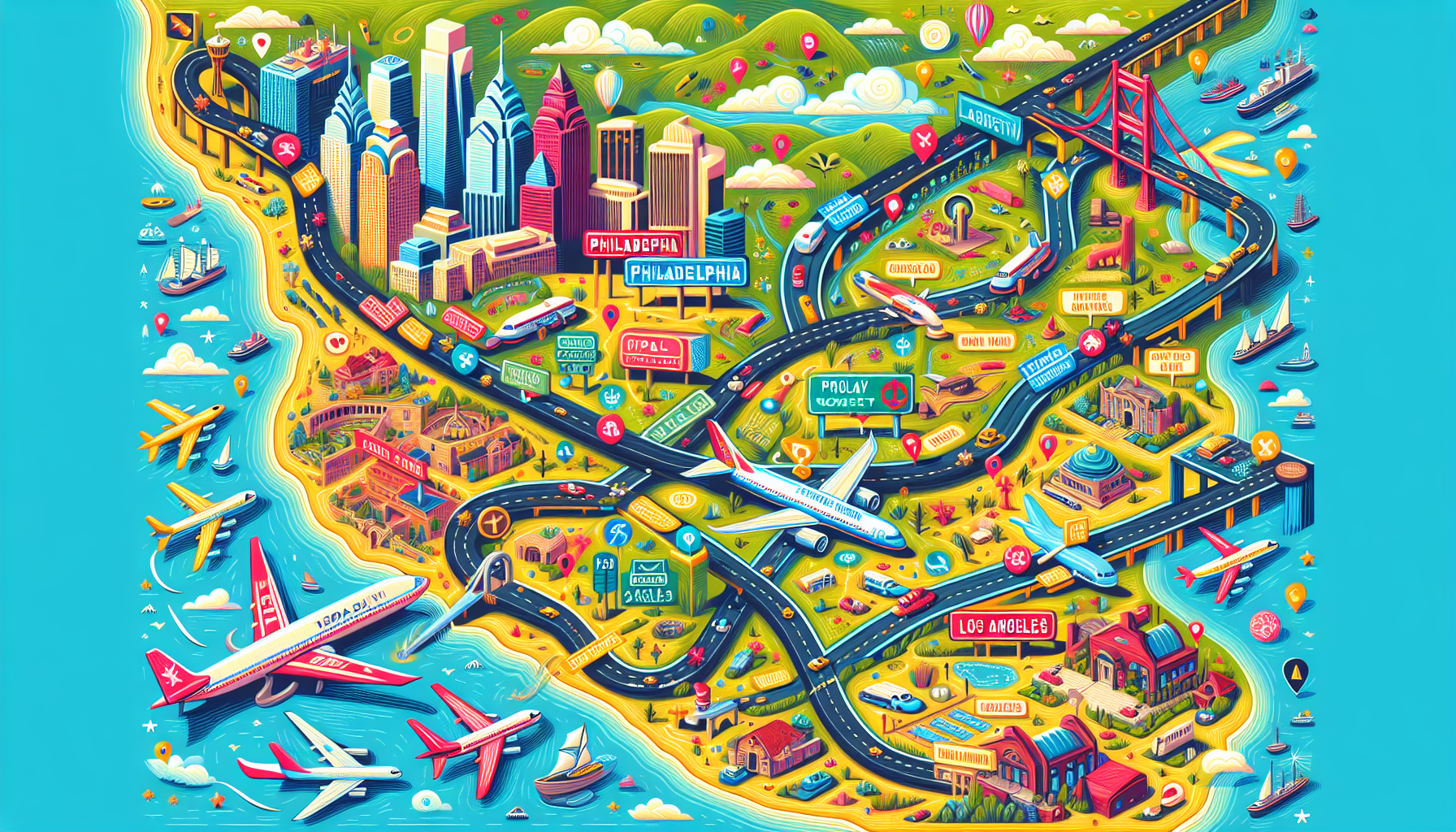 An illustration of popular airports near Philadelphia and Los Angeles.