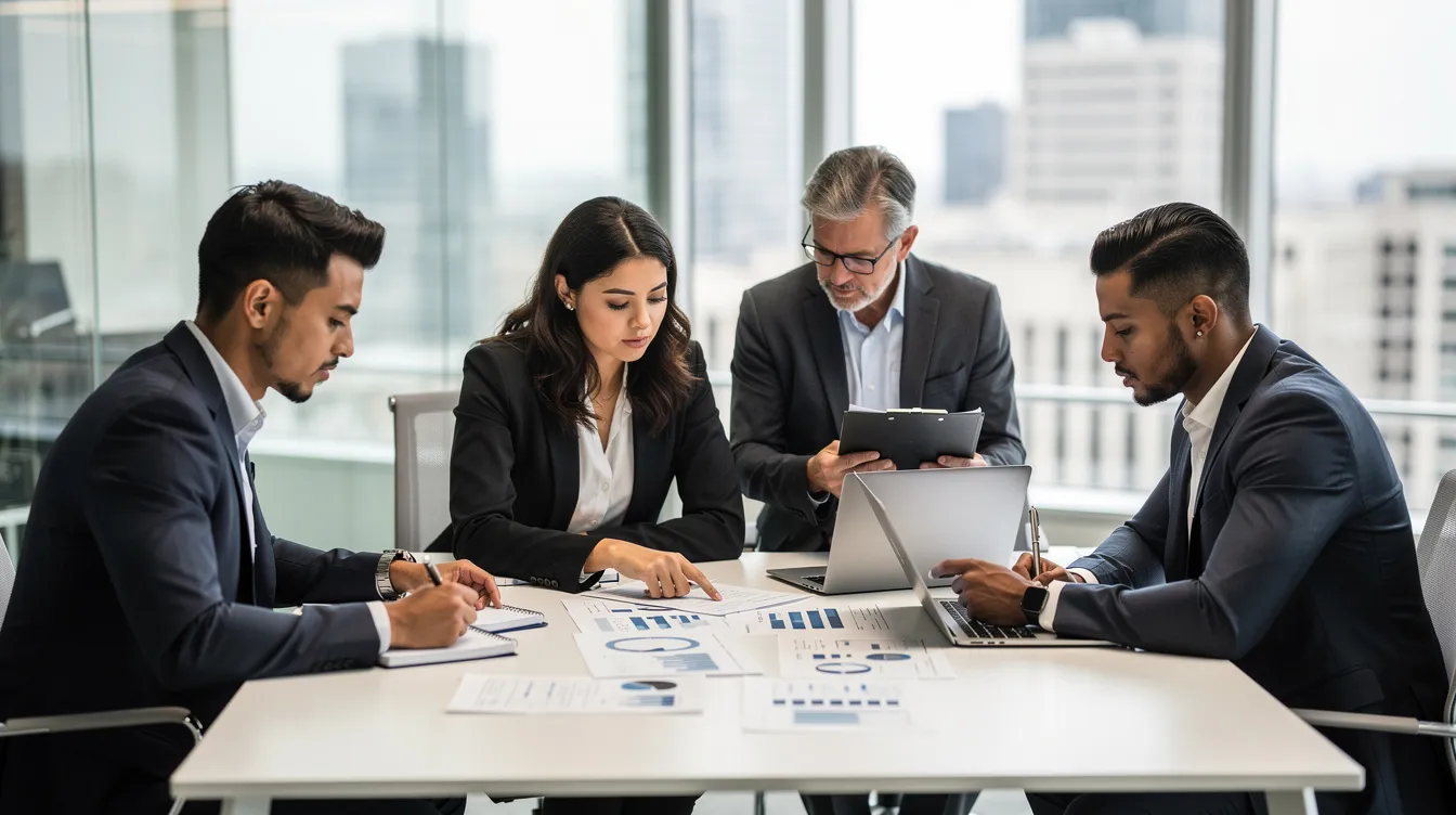 A small professional team is gathered in a glass-walled meeting room, collaboratively reviewing documents related to client trust funds and bank statements. The atmosphere is focused and engaged, highlighting the importance of managing IOLTA accounts and ensuring accurate trust accounting practices.