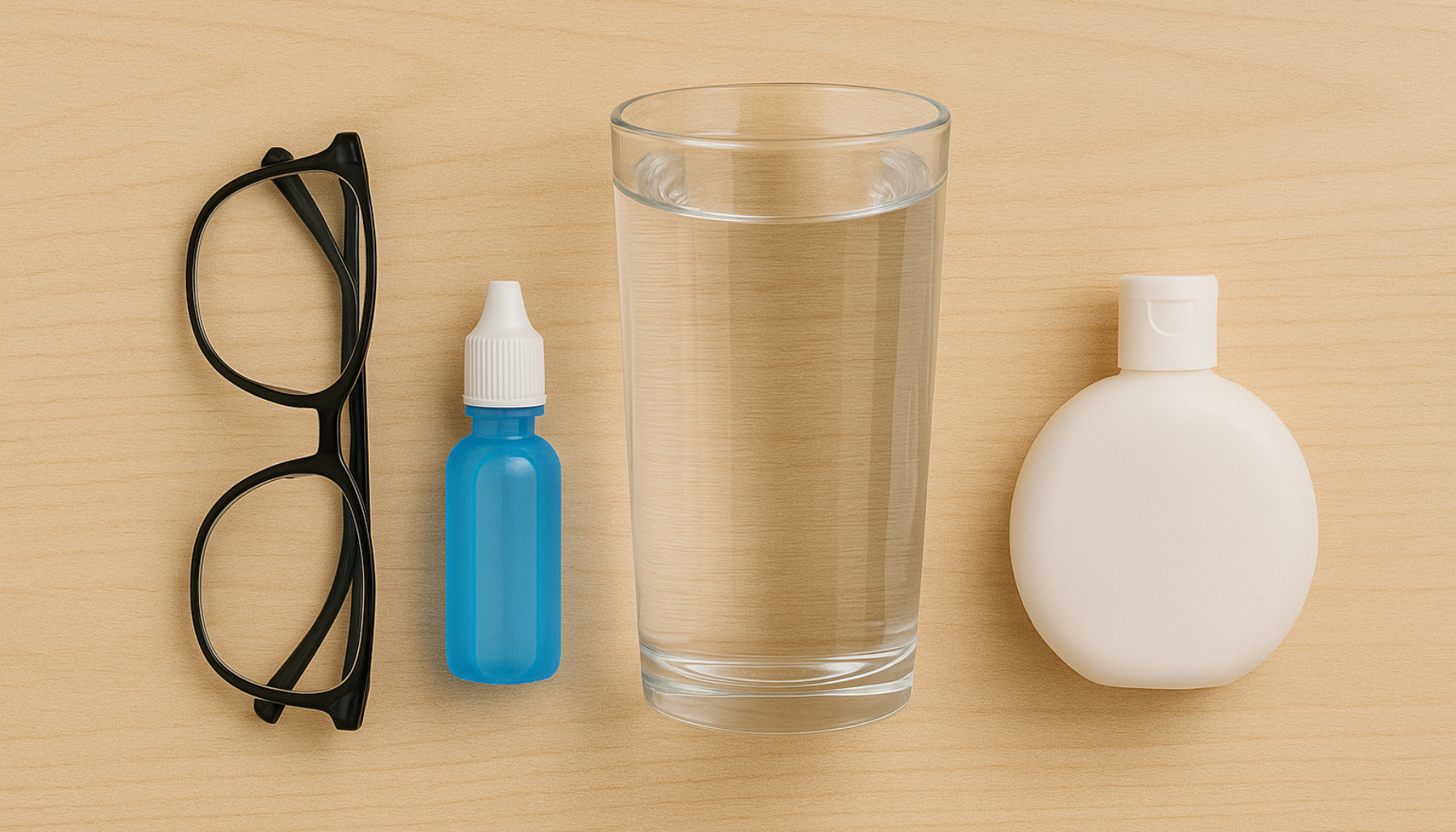 "Øyepleie med briller, øyedråper, vann og flaske for å forebygge tørre øyne."