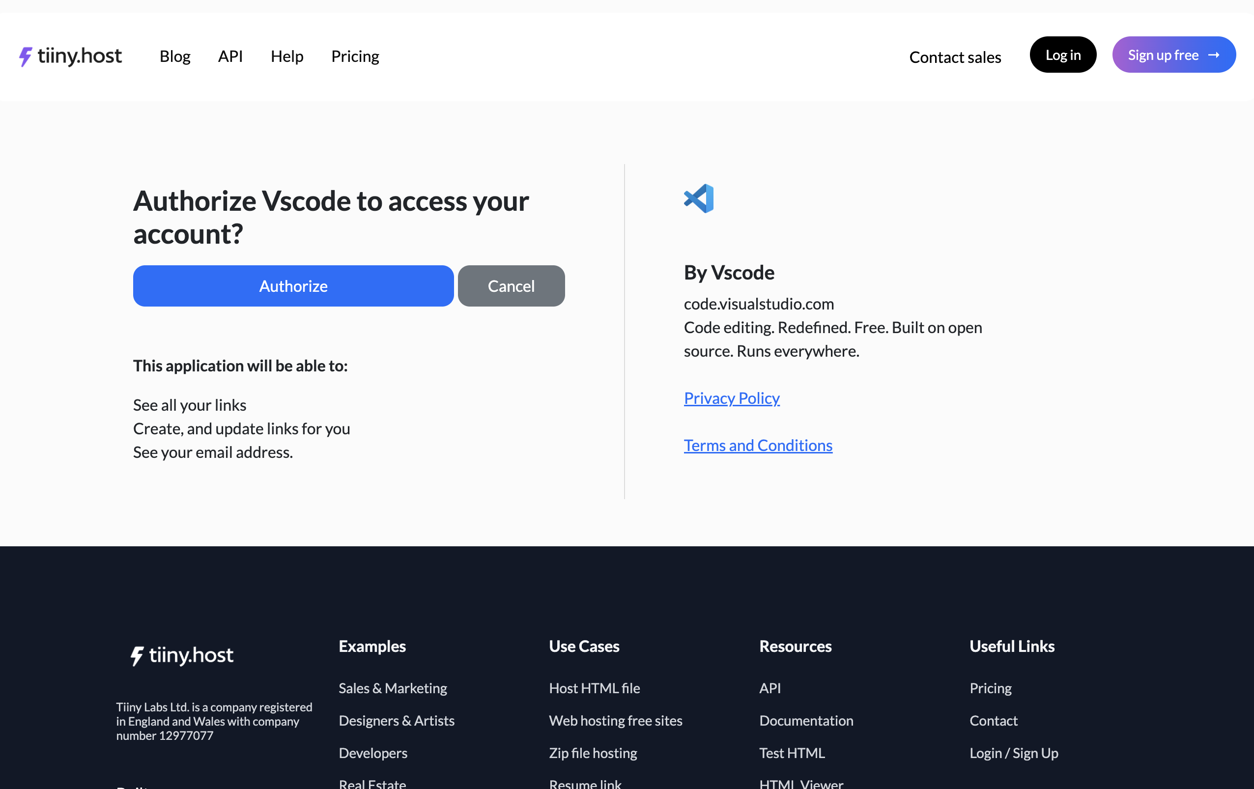 The Authorization page for Tiiny Host
