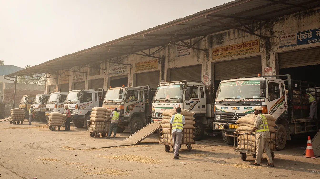 The image depicts trucks parked at a factory loading dock in an Indian industrial setting, where workers are actively moving bags of flattened rice on trolleys under a covered canopy. This scene illustrates the bustling operations of a poha manufacturing business, highlighting the production capacity and local demand for finished goods in the rice industry.