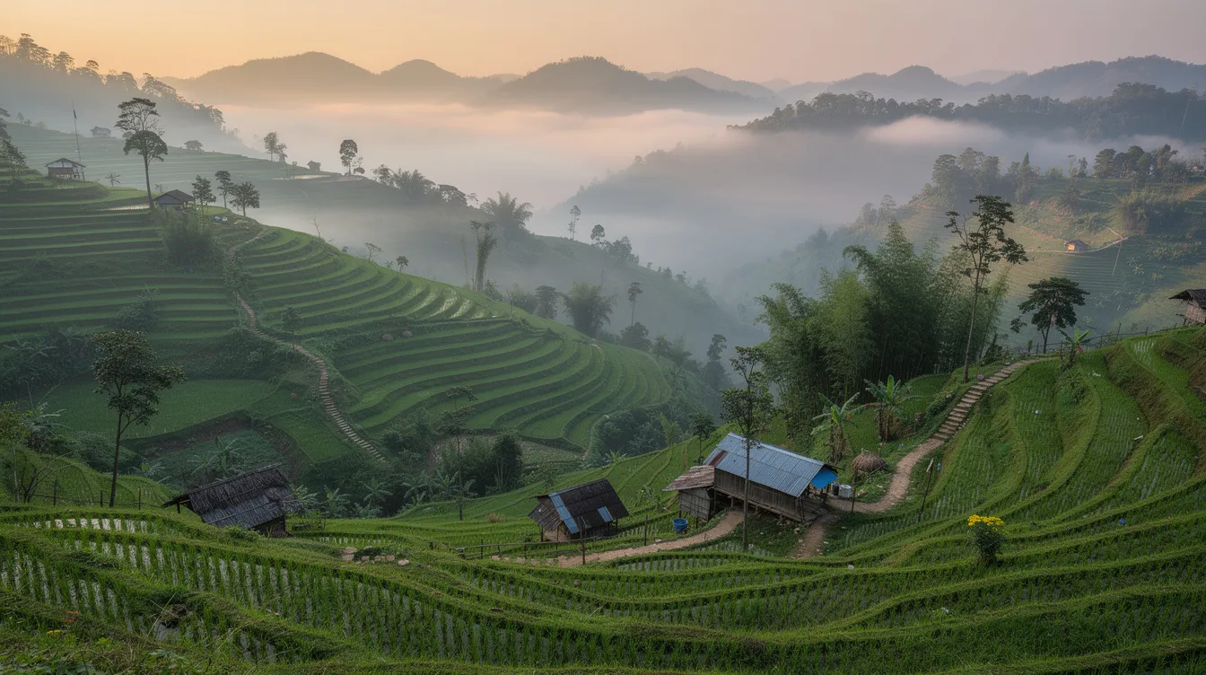 A panoramic view showcases lush green hills and terraced farmland in northeast India, highlighting the region's scenic beauty and agricultural potential. This landscape reflects the untapped potential for agro-based business ideas and innovative ventures that can contribute to the local economy and create employment opportunities.