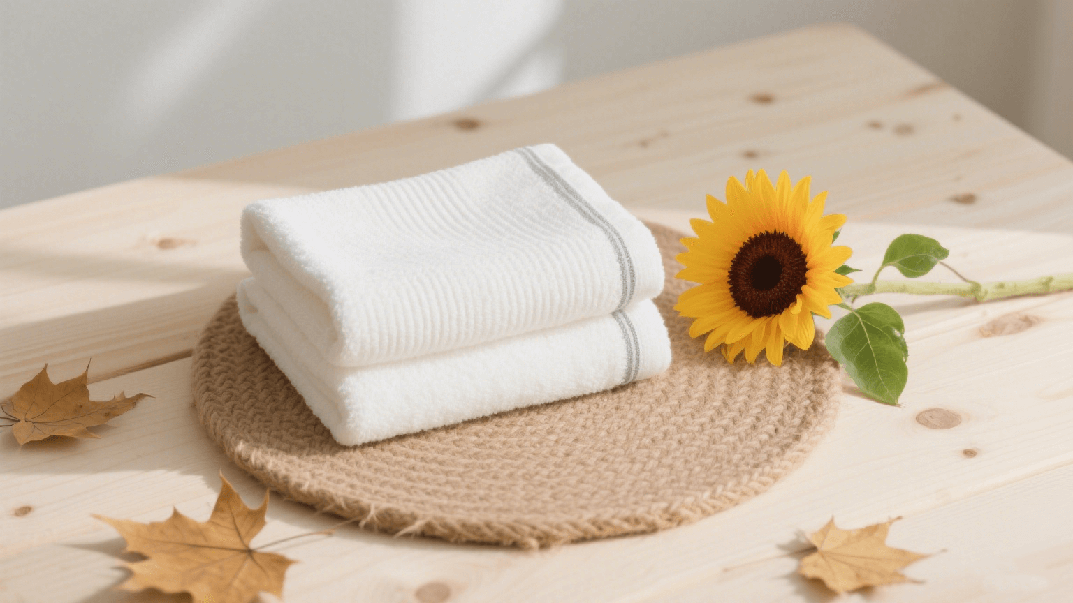 Next to the white folded towel is a sunflower.