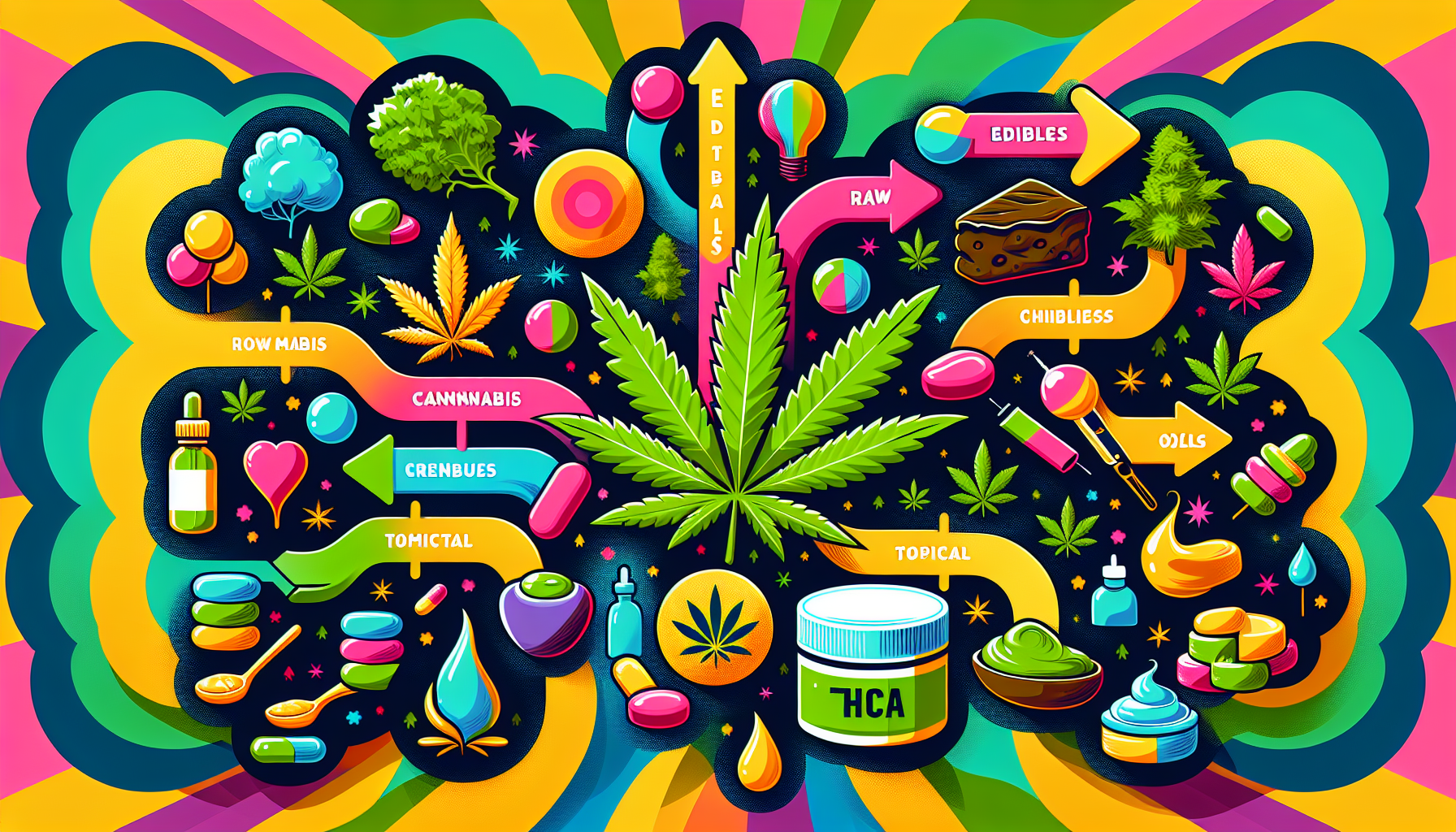 An illustration showing various consumption methods of THCA, including raw cannabis and edibles.