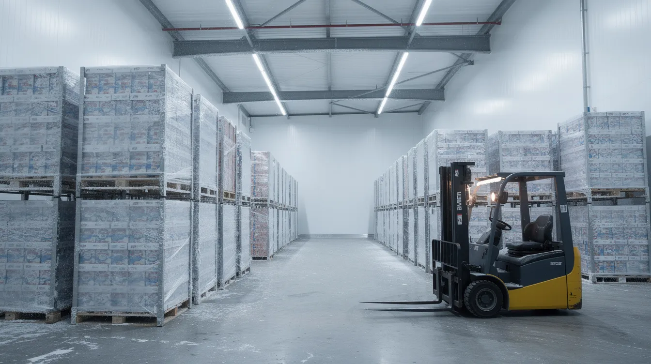 The image depicts a large industrial cold storage room filled with palletized ice cream boxes, showcasing various types of frozen desserts, with a forklift positioned nearby for efficient distribution. This setup is designed to maintain optimal product quality and temperature, crucial for the hardening process of ice cream in Gujarat, India.