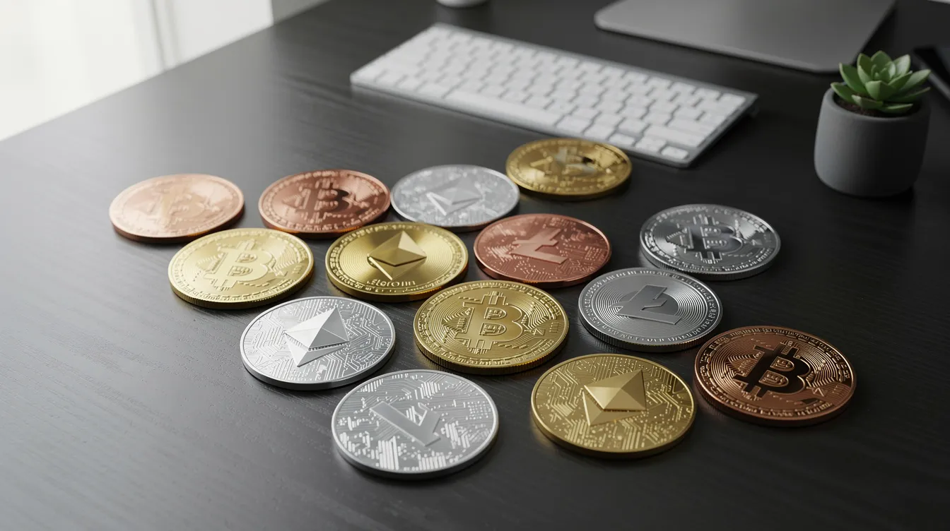 The image showcases a diverse collection of cryptocurrency coins, including popular digital assets, arranged neatly on a modern desk surface, reflecting the current market conditions and the growing interest in trading strategies. This visual representation highlights the importance of technical analysis and market sentiment in understanding price movements and forecasts, such as the XRP price prediction for the near future.