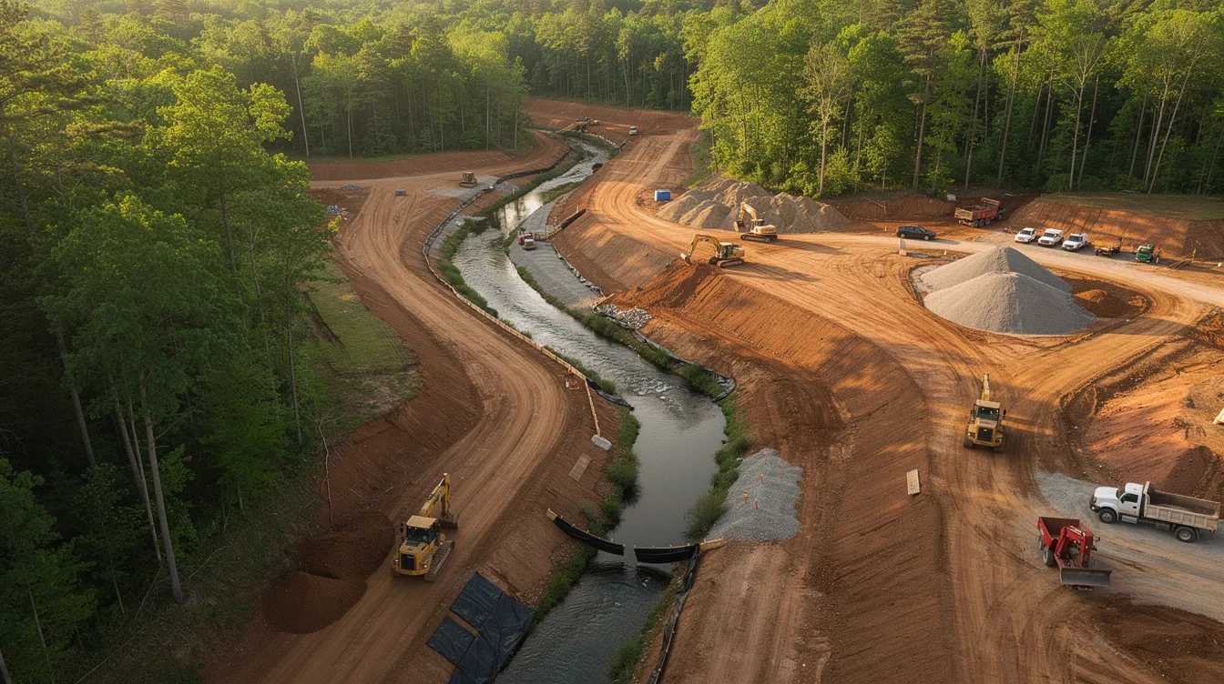 The image depicts a winding stream flowing through a construction site where earthwork and grading operations are taking place in a wooded area. Heavy machinery is visible, along with piles of fill material, highlighting the ongoing project that may involve considerations of federal jurisdiction and compliance with environmental regulations.