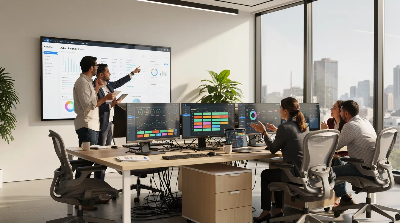 The image depicts a modern office environment where a diverse team of sales professionals collaborates around multiple screens, engaging in discussions about personalized sales presentations and strategies to address prospective customers' unique challenges. This teamwork highlights the importance of sharing valuable content and insights to strengthen customer relationships and close more deals.