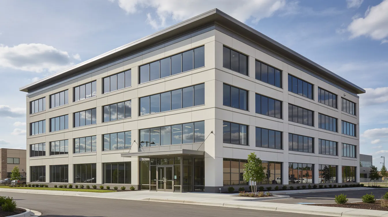 The image depicts the completed exterior of a commercial building, showcasing a clean facade with well-defined windows and roofing details, all under a partly cloudy sky. This construction project highlights the quality assurance and construction quality control measures taken throughout the building process to ensure compliance with project standards.