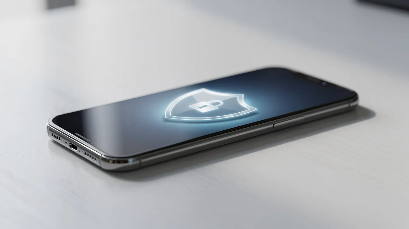 The image shows a smartphone displaying a security lock screen featuring a shield icon, resting on a tidy desk. This setup emphasizes the importance of protecting personal information and accounts, such as your WhatsApp account, with features like dual verification to prevent scams.