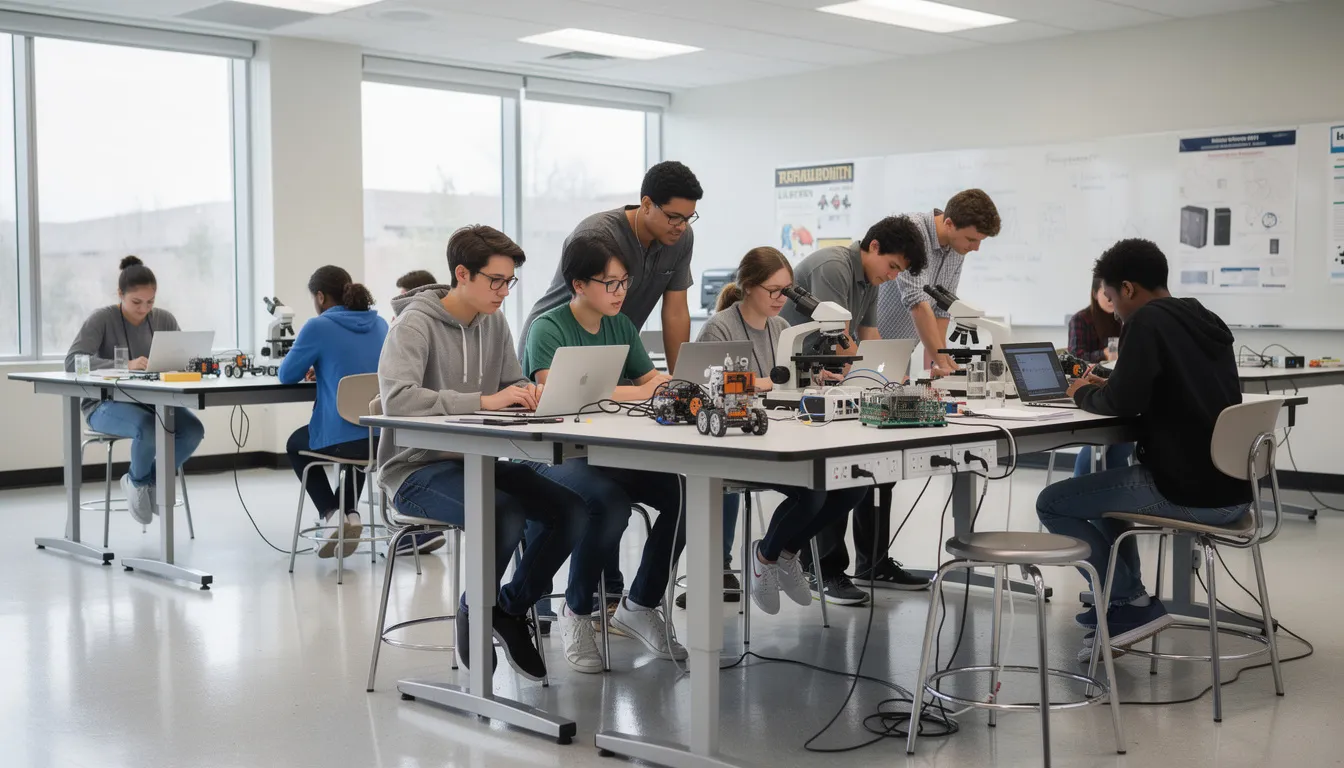 In a STEM lab, students are engaged in hands-on activities at height-adjustable tables, with some standing and others seated on stools. The overall design of the classroom furniture promotes flexibility and easy access to teaching materials, allowing students to stay organized while they learn and create.