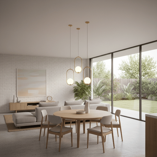Dining room pendant lighting with three oval glass lights in a warm brass finish hanging over a round table.
