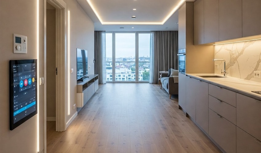 Smart luxury apartment with automated tech and sustainable features.