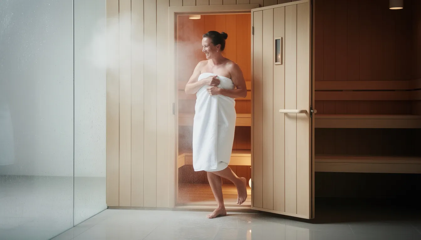 A person is stepping out of a sauna, wrapped in a towel, taking a moment to cool down after a sauna session. The scene captures the relaxation and health benefits associated with sauna use, as they prepare to lower their core body temperature after exposure to the high heat of the traditional Finnish sauna.