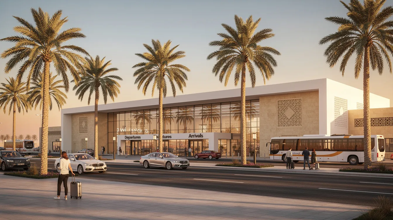 The image depicts the exterior of a modern airport terminal building set in a warm North African environment, surrounded by palm trees, typical of Marrakech. This vibrant scene captures the essence of Morocco, where travelers can easily access car rental services at Marrakech Menara Airport to start their adventures.