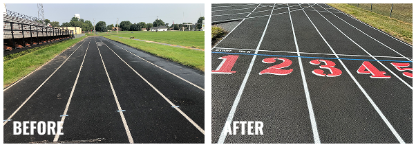 Before and after running track resurfacing showing worn surface restored before athletic season.