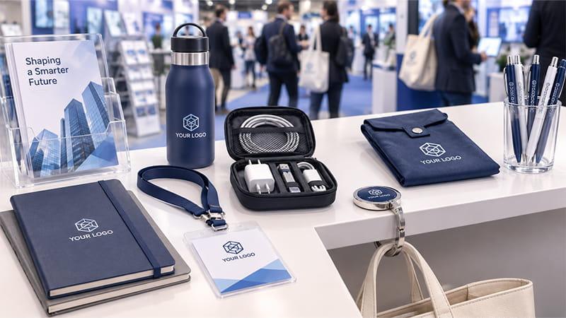 Reusable bottles, notebooks, badge holders, cable kits, foldable bags, pens, and brochures displayed at a trade show booth