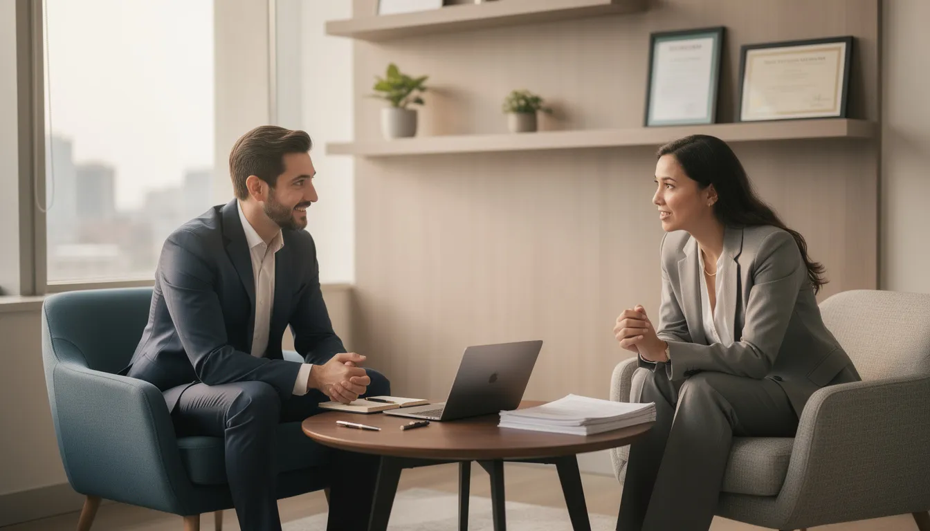 A professional financial advisor is seated with a client in a cozy office, discussing retirement planning strategies and reviewing the client's current retirement account. The advisor provides insights on investment strategies, including the importance of retirement savings and the potential impact of social security benefits on future income.