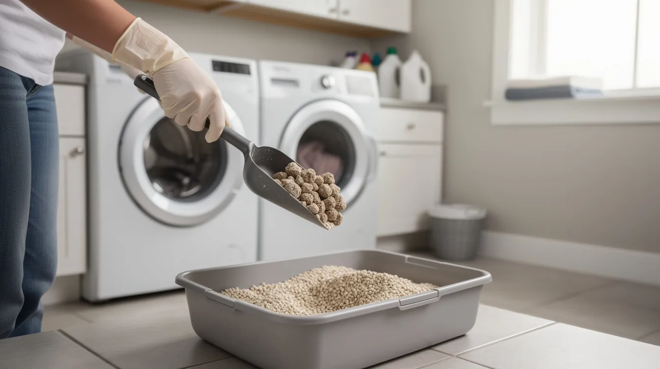 A person wearing gloves is holding a litter scoop above a litter box in a laundry room, preparing to change the cat litter. The scene suggests a focus on maintaining a clean litter box for optimal odor control and the health of the cat.