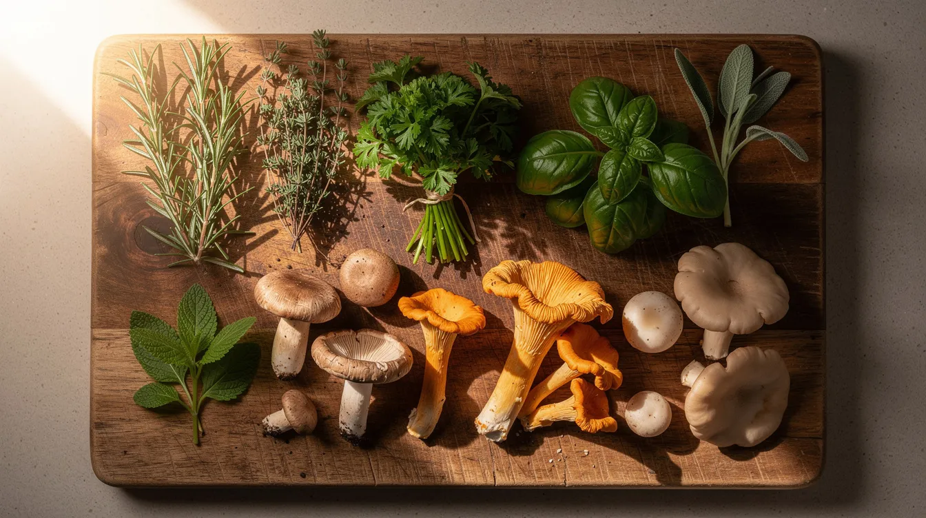 The image features a variety of natural herbs and mushrooms, including ginkgo biloba and rhodiola rosea, beautifully arranged on a wooden cutting board. These natural compounds are often associated with supporting brain health and enhancing cognitive performance.