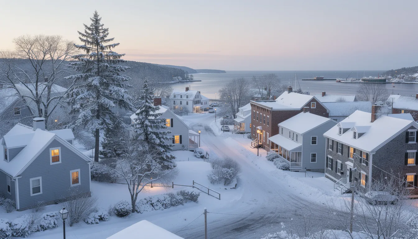 The image depicts a picturesque Maine town blanketed in snow, with charming houses featuring snow-covered rooftops and trees adorned with white frost. This serene winter scene highlights the importance of indoor air quality, as families in such environments often rely on effective air purification systems to combat allergens and airborne contaminants during the cold months.