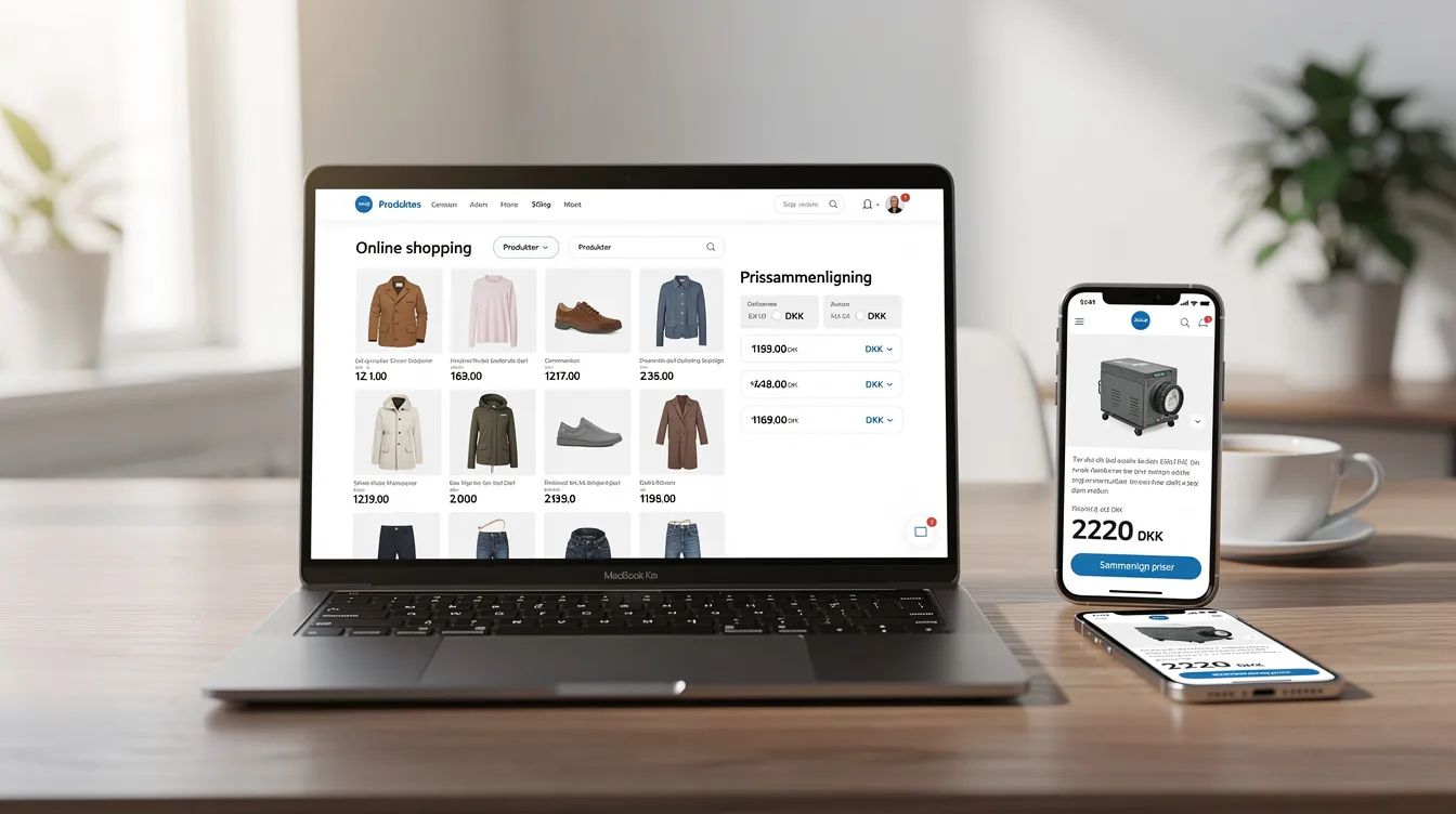Billedet viser en laptop og en smartphone, der begge viser skærme med online shopping, hvor brugeren kan sammenligne priser og finde de billigste tilbud på forskellige produkter. Skærmene indeholder information om tilgængelighed og prissammenligning fra forskellige butikker på internettet.