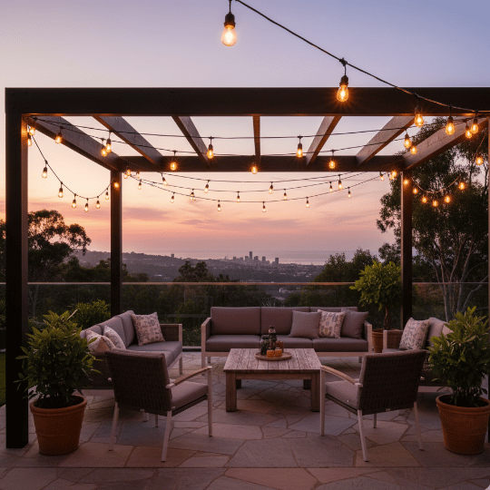 Festoon string lights hanging above a modern outdoor patio, creating a warm and inviting atmosphere with a beautiful sunset view.