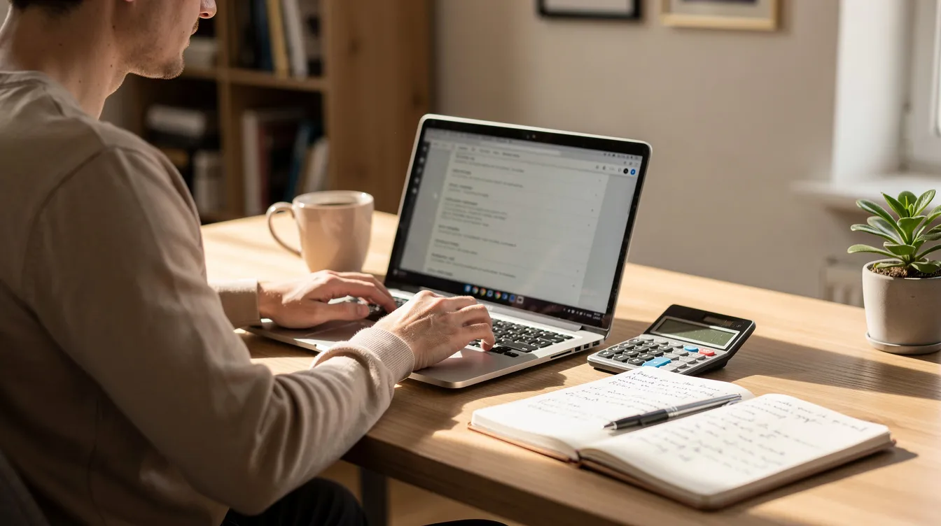 A person is sitting at a home desk, intently working on a laptop with a calculator and a notebook beside them, likely planning a small business venture or conducting market research for a profitable business idea. The scene captures a focused atmosphere, ideal for developing innovative side business ideas or strategies for enhancing social media presence.